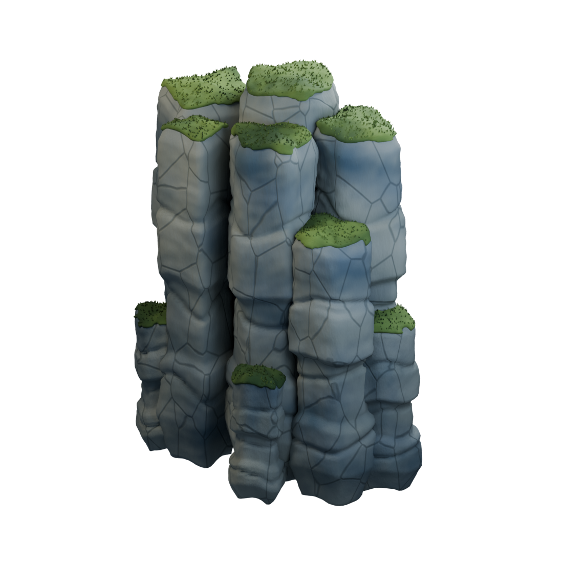 Three-quarter render of tall fractured rock pillars with moss on their upper shelves