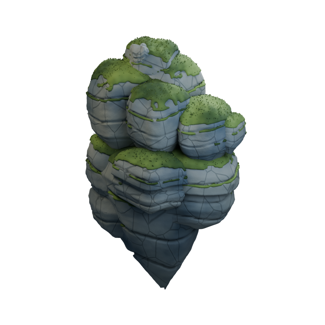 Three-quarter render of a tiered floating island with dark slate rock and soft green moss
